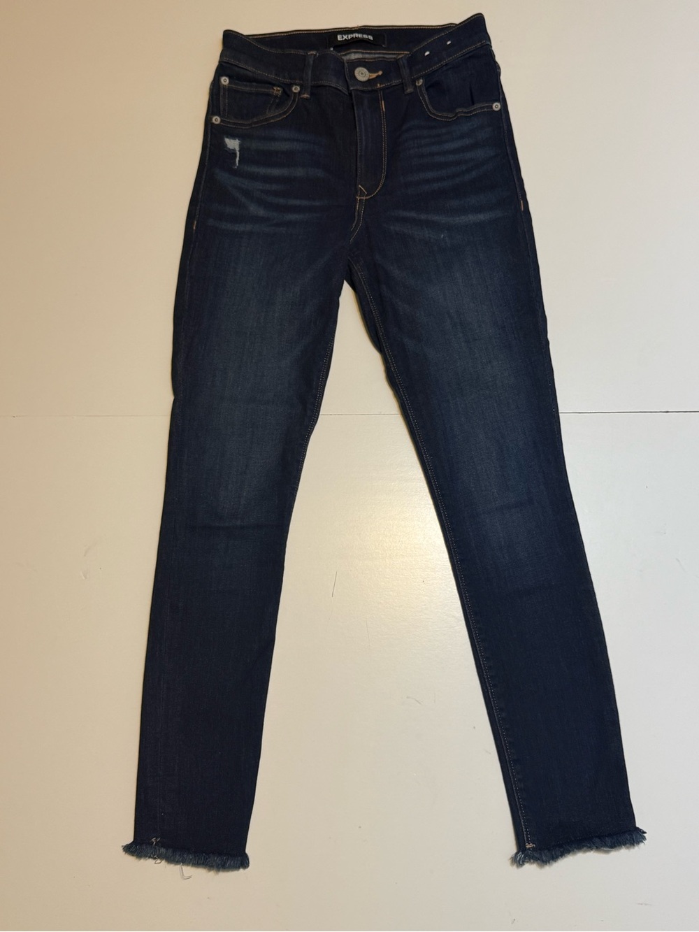 Express Jeans Women's 2R High Rise Ankle Legging Dark Wash Stretch Raw Hem